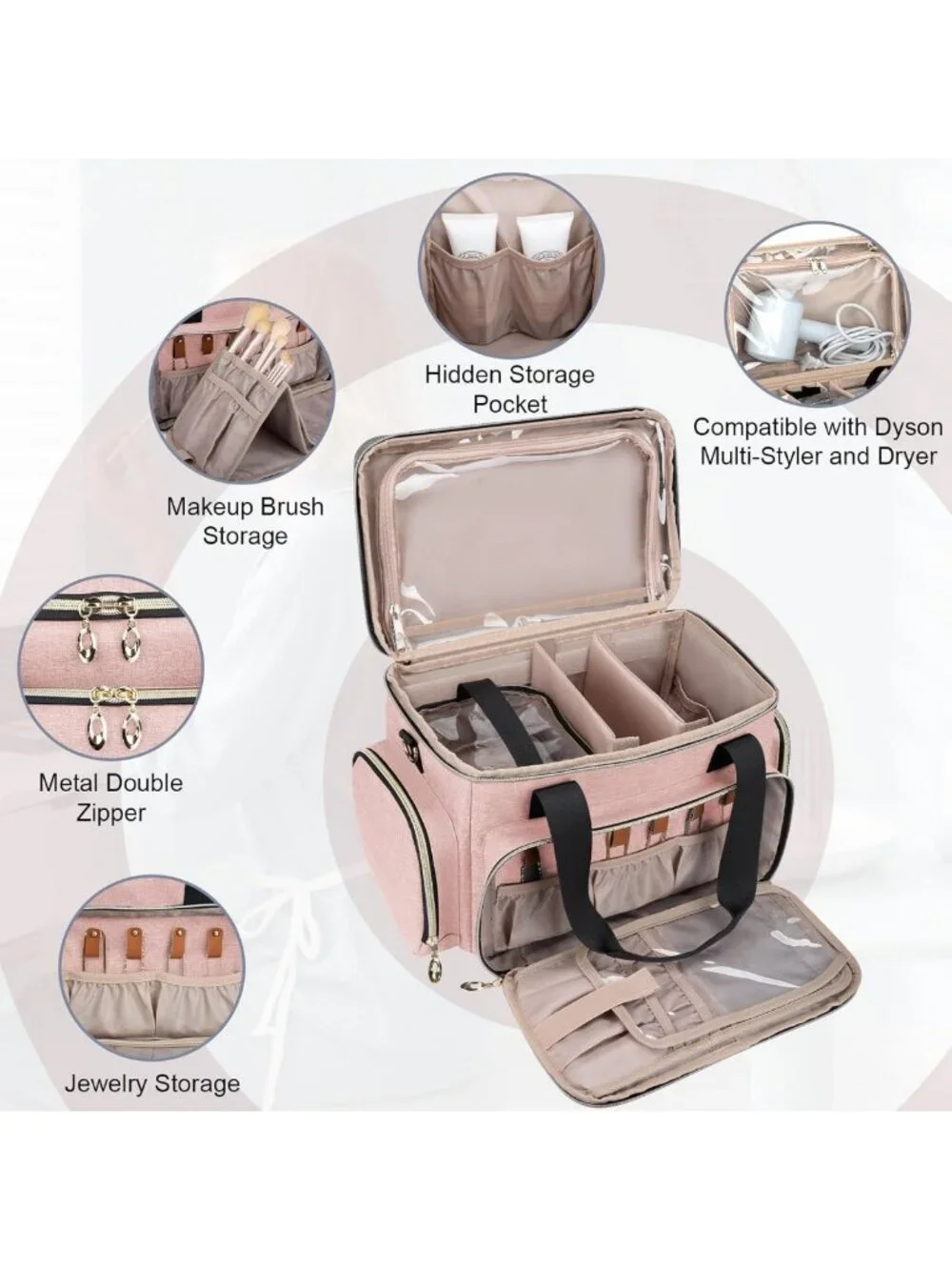 Large Portable Makeup Organizer Bag with Removable Pouches & Dividers - Pink